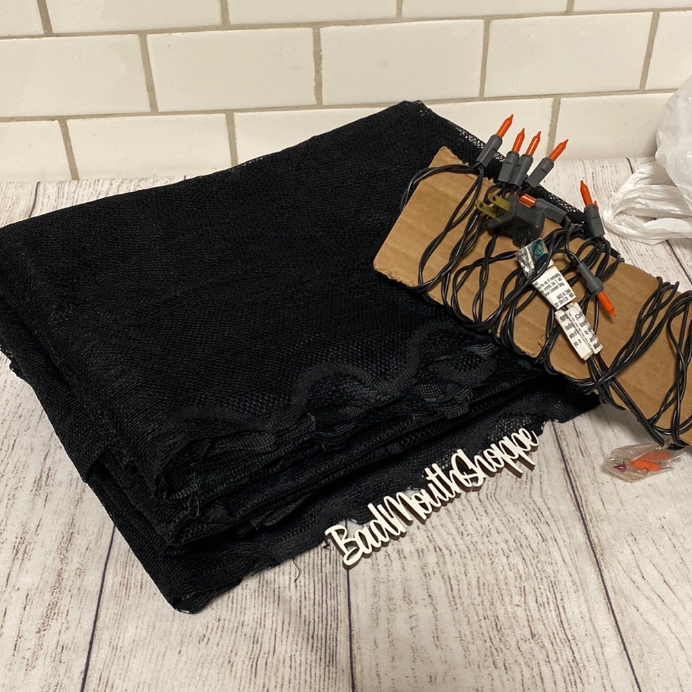 Set of 7 Halloween Scene Black Lace Curtains with Orange Light Strands